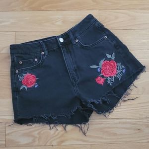 H&M Divided Faded Black High Waist Cut Off Shorts with Roses Size 6